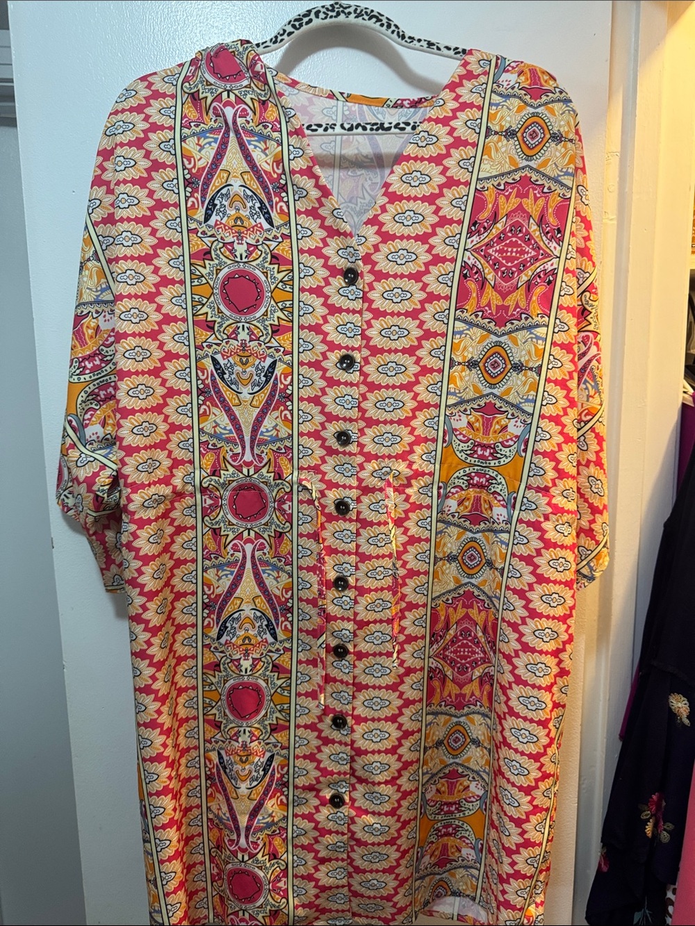 SHEIN Pink and Yellow Boho Print Button-Front Dress